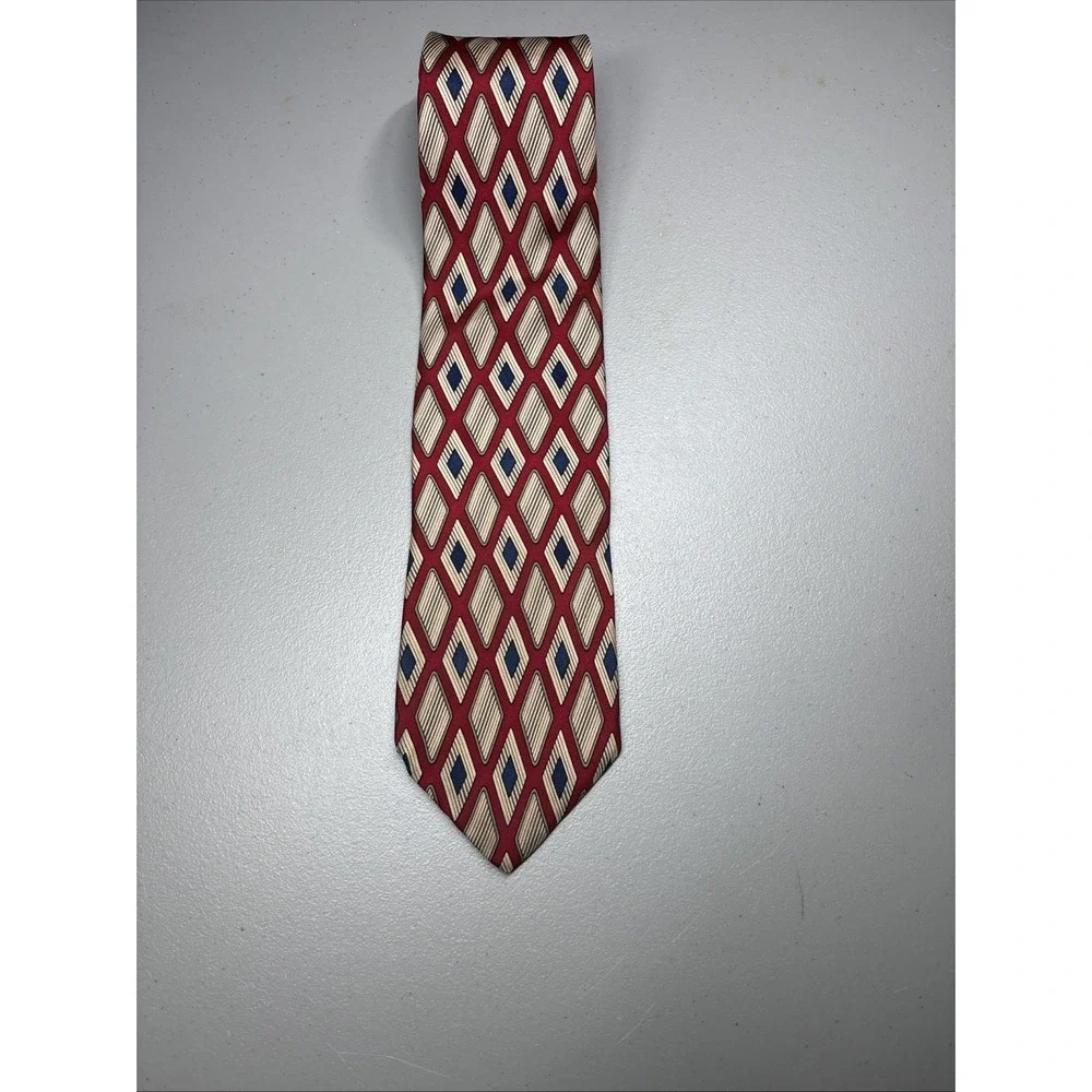 Brooks Brothers Deep Red Blue Beige Khaki Geometric 100% Silk Necktie Made USA